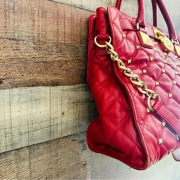 Micheal Kors Rare Red Hamilton Quilted Studded Leather ayote/Satchel Bag - Picture 4 of 12
